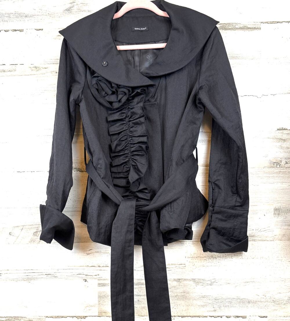 Samuel Dong Womens S Black Taffeta Belted Ruffle Front Ruched Zip Jacket Luxe